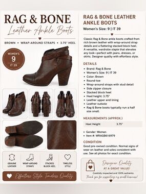 Rag & Bone Brown Leather Wrap Strap Ankle Boots Size 9